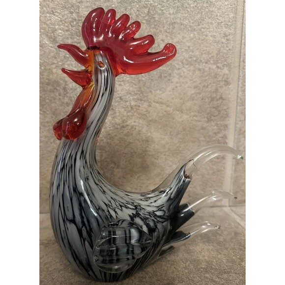 Art Glass Black White Rooster Hand Blown Sculpture Statue 8"h x 7.5"w - Picture 1 of 6